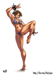 1girl absurdres adapted_costume armpits barefoot bikini blue_bikini bracelet breasts brown_eyes brown_hair bun_cover capcom chun-li double_bun feet female_focus full_body hair_bun highres irving-zero jewelry lips muscular navel plantar_flexion short_hair sideboob solo spiked_bracelet spikes standing standing_on_one_leg street_fighter swimsuit thick_thighs thighs toenails toes toned toned_female