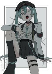 Rule 34 | 1girl, alternate costume, aqua eyes, aqua hair, black hat, black skirt, cuffs, handcuffs, hat, hatsune miku, highres, jacket, knee up, long hair, long sleeves, looking at viewer, miniskirt, norimi (01norimi28), open clothes, open jacket, open mouth, outside border, peaked cap, pleated skirt, sitting, skirt, solo, thigh strap, twintails, vocaloid, white jacket