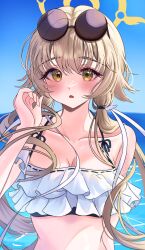 1girl absurdres backlighting bare_shoulders bikini blue_archive blue_sky blush breasts brown_eyes brown_hair byakko_0410 chestnut_mouth collarbone commentary day eyelashes eyewear_on_head floating_hair frilled_bikini frills hair_between_eyes hair_ornament hair_over_shoulder halo halterneck hand_up hifumi_(blue_archive) hifumi_(swimsuit)_(blue_archive) highres long_hair looking_at_viewer low_twintails ocean official_alternate_costume open_mouth outdoors round_eyewear sky small_breasts solo sunglasses swimsuit twintails upper_body white_bikini wing_hair_ornament winged_halo yellow_eyes yellow_halo