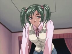 00s 2002 animated animated_gif bible_black bible_black_gaiden cowboy cowboy_clothes cowboy_western curtains denim denim_shorts green_hair lowres morita_rie necktie pink_shirt shirt shorts tagme twintails vest western