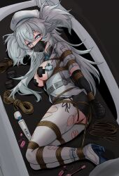 1girl absurdres arms_behind_back ass black_skirt blue_eyes blush boots bound bound_arms bound_wrists breast_bondage breasts breasts_out cross-laced_clothes cross-laced_skirt ecchinoidea egg_vibrator florence_(girls&#039;_frontline_2) from_above gag girls&#039;_frontline girls&#039;_frontline_2:_exilium hat heart heart-shaped_pupils high_heel_boots high_heels highres hitachi_magic_wand id_card improvised_gag jacket legs legs_folded long_hair looking_at_viewer looking_up lying medium_breasts miniskirt no_bra on_side pa-15_(girls&#039;_frontline) pantyhose pasties restrained sex_toy shibari skirt solo symbol-shaped_pupils tape tape_gag tape_on_nipples thighs torn_clothes torn_pantyhose very_long_hair vibrator white_hair white_jacket