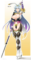Rule 34 | 1girl, absurdres, adapted costume, animal ears, antenna hair, arm up, armor, armpit cutout, armpits, blue hair, border, breasts, cleavage, clothing cutout, collarbone, commentary request, fake animal ears, gradient background, gradient hair, hair between eyes, high heels, highres, japanese armor, japanese clothes, large breasts, leotard, long hair, looking at viewer, multicolored hair, naginata, playboy bunny, polearm, purple eyes, purple hair, rabbit ears, rance (series), revealing clothes, saizu nitou gunsou, sengoku rance, senhime, shoulder armor, smile, solo, standing, thigh cutout, two-tone hair, very long hair, weapon, white border, white wrist cuffs, wrist cuffs, yellow background