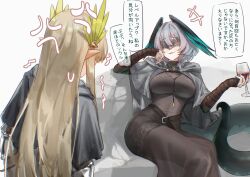2girls absurdres alternate_costume anger_vein arknights belt black_belt black_capelet black_dress blonde_hair breasts capelet commentary cosplay covered_eyes covered_navel cup dark_souls_(series) dark_souls_iii dress elf eye_mask fangs feathered_wings fire_keeper fire_keeper_(cosplay) grey_capelet grey_hair head_wings highres ho&#039;olheyak_(arknights) holding holding_cup jewelry long_hair long_tail looking_at_another mask medium_hair muelsyse_(arknights) multiple_girls necklace parted_lips pointy_ears simple_background sitting snake_tail speech_bubble tail translation_request uof white_background wings