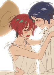 1boy 1girl amate_yuzuriha black_dress blue_hair blush closed_eyes commentary_request dress gundam gundam_gquuuuuux hat hetero korean_commentary open_mouth red_hair shirt short_hair shuji_ito simple_background smile sun_hat unworn_hat unworn_headwear upper_body white_background white_shirt y0ngju