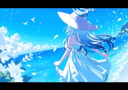1girl absurdres alternate_costume alternate_hairstyle black_hair blue_archive demon_girl demon_horns dress from_behind hat highres horns kayoko_(blue_archive) megumi_kei multicolored_hair ocean scenery solo sun_hat two-tone_hair white_dress white_hair white_hat