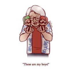 akiiame brown_hair carrying charles_martinet facial_hair glasses grey_hair hat luigi mario mario_(series) mustache nintendo overalls shirt smile