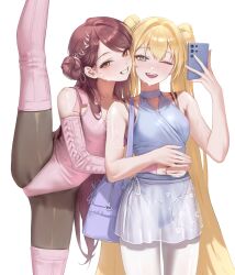 Rule 34 | 2girls, absurdres, asha (bangsom), athletic leotard, ballerina, ballet, balletcore, bangsom, bare shoulders, blonde hair, blue eyes, blue leotard, blush, breasts, bridal sleeves, brown eyes, brown hair, cellphone, detached sleeves, grey eyes, hair bun, highres, holding, holding phone, hug, leg up, leotard, leotard peek, long hair, looking at viewer, mole, mole under eye, multiple girls, nora (bangsom), one eye closed, open mouth, original, pantyhose, phone, pink leotard, pink pantyhose, pink thighhighs, ribbon, selfie, simple background, smartphone, smile, split, standing, standing on one leg, standing split, teeth, thighhighs, tutu, twintails, upskirt, very long hair, white background, white pantyhose, wrap skirt