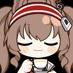 1girl :3 angelina_(arknights) animal_ears animated animated_gif arknights black_choker blush brown_hair chinese_commentary choker chunye_haruya closed_eyes coat commentary_request cup disembodied_hand dot_nose drinking earpiece fox_ears hair_between_eyes hairband holding holding_cup holding_saucer infection_monitor_(arknights) jacket long_hair lowres material_growth open_clothes open_coat open_jacket oripathy_lesion_(arknights) red_eyes red_hairband red_jacket saucer second-party_source solo striped_clothes striped_hairband teacup transparent_background twintails two-tone_hairband upper_body white_coat
