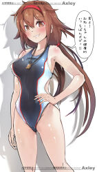 1girl axley black_one-piece_swimsuit blush breasts brown_eyes brown_hair competition_swimsuit cowboy_shot hairband highres kantai_collection long_hair one-piece_swimsuit shadow shiratsuyu_(kancolle) smile solo speech_bubble swimsuit whistle whistle_around_neck