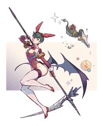 1girl absurdres alternate_costume animal_ear_hairband animal_ears armlet bat_wings breasts cameo cleavage cosplay demon_wings detached_collar elbow_gloves fake_animal_ears full_body genderswap genderswap_(mtf) getter_robo gloves gold_armlet gou_saotome green_hair hairband hanahiyo_(hoimin) highleg highleg_leotard highres holding holding_scythe jewelry jupiter_(planet) leotard looking_at_viewer low_wings mecha non-humanoid_robot nontraditional_playboy_bunny parted_lips planet rabbit_ears red_gloves red_leotard red_shoes robot robot_dragon scythe shin_dragon shin_getter-1 shin_getter-1_(cosplay) shoes short_hair small_breasts solo strapless strapless_leotard super_robot thighhighs two-handed white_thighhighs wings