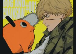 1boy blonde_hair chainsaw_man commentary denji_(chainsaw_man) emzok eyepatch green_jacket highres jacket male_focus pochita_(chainsaw_man) yellow_background