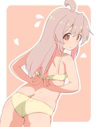 Rule 34 | 1girl, ahoge, arms behind back, ass, bare arms, bare shoulders, border, bra, brown eyes, butt crack, commentary, cowboy shot, flying sweatdrops, from behind, grey hair, hair between eyes, heart, highres, long hair, looking at viewer, looking back, multicolored hair, onii-chan wa oshimai!, outline, outside border, oyama mahiro, panties, pink hair, simple background, smile, solo, two-tone hair, underwear, underwear only, unkimo, white border, white outline, yellow bra, yellow panties