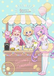 3girls :d ;d ahoge apron balloon blonde_hair blue_background blue_eyes blue_neckerchief blunt_bangs blush cone_hair_bun double_bun drinking_straw facing_viewer food frilled_apron frilled_skirt frills fruit full_body hair_bun highres hojo_sophy holding holding_food holding_fruit jar leaning_to_the_side lemon lemon_slice lemonade light_bulb long_hair looking_at_viewer maid_headdress manaka_laala market_stall marueri menu minami_mirei multiple_girls neckerchief one_eye_closed open_mouth pink_neckerchief pink_shoes polka_dot polka_dot_background pretty_series pripara puffy_short_sleeves puffy_sleeves purple_neckerchief red_hair sailor_collar shirt shoes short_hair short_sleeves skirt smile standing stuffed_animal stuffed_toy teddy_bear thighhighs twintails very_long_hair waist_apron waitress wheel white_shirt white_thighhighs wrist_cuffs yellow_sailor_collar yellow_skirt