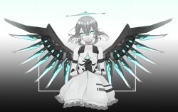 1girl absurdres aqua_eyes breasts colored_skin commission cowboy_shot cyborg dress glowing glowing_eyes grey_hair halo highres joints looking_at_viewer mechanical_wings medium_hair phantasy_star phantasy_star_online_2 phantasy_star_online_2_new_genesis protagonist_(pso2) robot_joints second-party_source short_dress small_breasts solo uriel_amaryllis white_dress white_skin wings