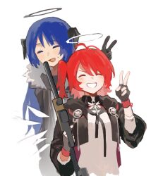 Rule 34 | 2girls, :d, ^ ^, arknights, black gloves, black halo, black horns, blue hair, blush, chinese commentary, closed eyes, commentary request, exusiai (arknights), exusiai the new covenant (arknights), facing viewer, fingerless gloves, gloves, grin, gun, halo, highres, holding, holding gun, holding weapon, horns, long hair, mostima (arknights), multiple girls, one side up, open mouth, red hair, short hair, simple background, smile, submachine gun, sweatdrop, traditional halo, v, weapon, white background, white halo, xiaoningbingo