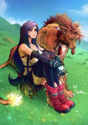 1boy 1girl animal animal_earrings artist_name bare_shoulders beads black_bra black_hair black_shorts black_skirt black_thighhighs boots bra breasts cleavage crop_top crying elbow_gloves facial_mark feather_hair_ornament feathers final_fantasy final_fantasy_vii final_fantasy_vii_rebirth final_fantasy_vii_remake fingerless_gloves gloves grass hair_beads hair_ornament hair_tie highres hill hugging_own_legs large_breasts long_hair looking_up low-tied_long_hair materia midriff miniskirt mochi_mangaka orange_fur parted_lips pleated_skirt red_boots red_eyes red_hair red_xiii sad scar scar_across_eye scar_on_face shirt shorts shorts_under_skirt sidelocks sitting skirt sleeveless sleeveless_shirt sports_bra suspenders tears thighhighs tifa_lockhart underwear white_shirt