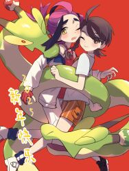 1boy 1girl 2025 black_hair blush braid brown_eyes brown_hair closed_eyes closed_mouth commentary_request gloves hetero highres jacket juliana_(pokemon) kieran_(pokemon) long_sleeves looking_at_viewer naranja_academy_school_uniform nekoniko777 nintendo one_eye_closed open_clothes open_jacket open_mouth orange_shorts partially_fingerless_gloves pokemon pokemon_(creature) pokemon_sv purple_hair red_background red_gloves red_tank_top school_uniform shirt shoes short_sleeves shorts simple_background single_glove socks tank_top white_jacket white_shirt white_shorts yellow_eyes
