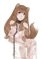1girl absurdres alternate_costume animal_ears arm_under_breasts bdsm breasts brown_hair chain chain_leash chest_tattoo cleavage collar collarbone commentary covered_erect_nipples cowboy_shot dress english_commentary eyelashes hair_tubes highres leaning_forward leash long_hair medium_breasts metal_collar nipples nose panties parted_lips raccoon_ears raccoon_girl raccoon_tail raphtalia red_eyes rizuto see-through_clothes simple_background slave slave_brand solo tail tate_no_yuusha_no_nariagari tattoo underwear wet wet_clothes white_background white_dress white_panties