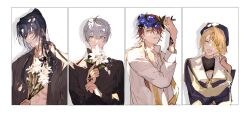 22kolink 4boys arthur_grandwell blonde_hair blue_hair bouquet cain_knightley collared_shirt column_lineup flower highres holding holding_bouquet holding_flower jewelry long_hair long_sleeves mahoutsukai_no_yakusoku male_focus multiple_boys necklace open_mouth oz_(mahoutsukai_no_yakusoku) priest red_hair riquet_(mahoutsukai_no_yakusoku) rose shirt short_hair upper_body white_background white_hair white_shirt