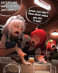Rule 34 | 3girls, absurdres, alcohol, beer, beer mug, beret, black bow, blue eyes, blush, bow, bowtie, braid, breasts, ceiling light, closed eyes, cloudykeyz, commentary, cup, drunk, english commentary, english text, green bow, hair bow, hat, head wings, highres, hong meiling, izayoi sakuya, koakuma, large breasts, long hair, long sleeves, maid, maid headdress, mug, multiple girls, open mouth, red eyes, red hair, short hair, short sleeves, sleeping, speech bubble, star (symbol), touhou, twin braids, twitter username, upper body, watermark, white hair, wings