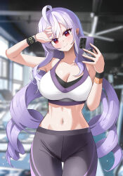 1girl absurdres alternate_costume blurry blurry_background breasts cleavage commentary drill_hair erum_4066 gym highres holding holding_phone indoors large_breasts long_hair midriff mole mole_under_eye navel pants phone pointy_ears purple_hair red_eyes selfie smile solo sports_bra symbol-only_commentary very_long_hair vivian_banshee white_sports_bra yoga_pants zenless_zone_zero