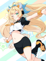 Rule 34 | 1girl, ;), absurdres, animal ears, black bra, black sailor collar, black shorts, black socks, blonde hair, blush, bra, cat ears, character request, closed mouth, crop top, fake animal ears, floating hair, green eyes, headphones, highres, kneehighs, leg up, long hair, megami device, miniskirt, navel, neckerchief, one eye closed, orange neckerchief, orange shoes, orange trim, outstretched arms, sailor collar, shoes, short shorts, short sleeves, shorts, signature, skirt, smile, soanote, socks, solo, sports bra, stomach, underwear, very long hair
