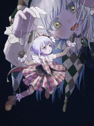 2girls bang_dream! bang_dream!_it&#039;s_mygo!!!!! black_background gloves green_hair highres light_blush long_hair looking_at_another mini_person minigirl mortis_(bang_dream!) multiple_girls open_mouth puppet_strings purple_hair red_eyes sad shoes short_hair simple_background size_difference skirt smile wakaba_mutsumi wapi_nn yellow_eyes yuutenji_nyamu