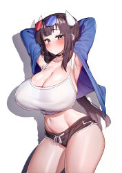 1girl absurdres arms_up black-framed_eyewear black_choker black_hair black_shorts blue-tinted_eyewear blue_jacket blush breasts choker cleavage collarbone commentary_request cow_horns heterochromatic_eyewear highres horns howcow_(vtuber) indie_virtual_youtuber jacket long_hair looking_at_viewer navel o-ring o-ring_choker otonashi_(otonashi5959) red-tinted_eyewear semi-circular_eyewear shorts simple_background solo standing sunglasses tank_top thighs tinted_eyewear virtual_youtuber white_background white_tank_top