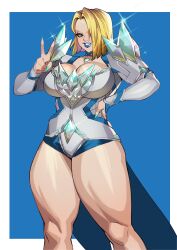 1girl absurdres blonde_hair blue_eyes breasts cleavage curvy drakkaiart emma_frost female_focus hair_over_one_eye highres large_breasts lipstick looking_at_viewer makeup marvel marvel_rivals nail_polish short_hair simple_background solo thick_thighs thighs v wide_hips