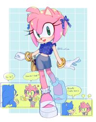 1boy 1girl alternate_costume amy_rose animal_ears animal_nose bad_tag bag blue_bow blue_fur blue_shirt blush body_fur boots bow bracelet breasts casual closed_mouth crop_top dress english_text eyelashes frilled_shirt frills furry furry_female furry_male gloves gold_bracelet green_eyes grey_skirt hair_bow hair_ornament hairband hands_up heart hedgehog highres holding jewelry konjiki_ringo looking_at_another looking_at_viewer navel open_mouth pink_fur pink_hair shirt shoes short_hair short_sleeves skirt sleeveless sleeveless_shirt smile sonic_(series) sonic_the_hedgehog standing tail talking white_gloves