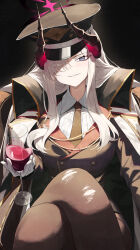 1girl absurdres alcohol black_coat black_hat black_jacket black_necktie blue_archive brown_pantyhose coat commentary_request crossed_legs cup demon_horns dress_shirt drinking_glass grey_hair hair_over_one_eye halo hat highres holding holding_cup horns jacket light_smile long_hair looking_at_viewer makoto_(blue_archive) military_uniform multiple_horns necktie one_eye_covered pantyhose peaked_cap re_naya shirt sitting solo white_shirt wine wine_glass