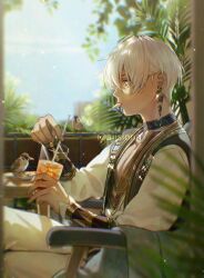1boy artist_name bird black_choker black_vest blue_eyes blue_sky blurry blurry_background blurry_foreground branch choker commentary cup dark-skinned_male dark_skin day depth_of_field drink drinking_straw earrings food food_in_mouth gold_trim hair_between_eyes holding holding_cup ibrahim_(1st_costume)_(nijisanji) ibrahim_(nijisanji) jewelry leaf light_particles long_sleeves male_focus mouth_hold nijisanji open_clothes open_vest palm_leaf pants pectoral_cleavage pectorals shion_(ajisionn) short_hair sky solo symbol-only_commentary triangle_earrings twitter_username vambraces vest virtual_youtuber white_hair white_pants window