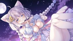 1girl ahoge animal_ear_fluff animal_ears blue_dress blue_eyes braid breasts cleavage cleavage_cutout clothing_cutout cloud dress fox_ears fox_girl frilled_dress frills full_moon grey_hair highres indie_virtual_youtuber interlocked_fingers long_hair mitsuki_tsumi moon night night_sky nyubun_(vtuber) palette_hair_ornament pantyhose second-party_source sky solo twin_braids virtual_youtuber white_pantyhose