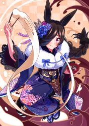 1girl absurdres alternate_costume alternate_hairstyle animal_ears blue_flower blue_rose blush bowl chopsticks commentary_request dagger eating flower food freely2327 fur-trimmed_kimono fur_trim hair_flower hair_ornament hair_over_one_eye highres holding holding_chopsticks horse_ears horse_girl horse_tail japanese_clothes kimono knife long_braid long_hair looking_back mochi new_year purple_eyes rice_shower_(umamusume) rose sheath sheathed smile solo tail umamusume weapon