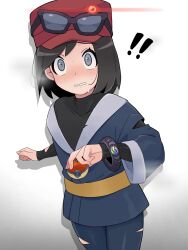 ! !! 1boy black-framed_eyewear black_shirt blush bracelet calem_(pokemon) commentary_request covered_collarbone eyelashes grey_eyes grey_jacket grey_leggings hat highres hisuian_poke_ball holding holding_poke_ball jacket jewelry leggings looking_up male_focus nintendo parted_lips poke_ball pokemon pokemon_legends:_arceus pokemon_xy red_hat sana_(37pisana) scared shirt solo sunglasses sweat torn_clothes torn_jacket torn_leggings torn_shirt