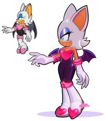 1girl animal_ears bat_ears bat_girl bat_wings blue_eyeliner boots breasts cleavage derivative_work eyelashes eyeliner from_side full_body furry furry_female gloves green_eyes highres knee_boots lolaluflores makeup official_art_inset open_mouth rouge_the_bat solo sonic_(series) white_background white_boots white_gloves wings