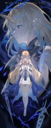 2girls bare_legs bare_shoulders black_collar black_dress blonde_hair blue_eyes blue_hair cartethyia_(wuthering_waves) chromatic_aberration closed_eyes closed_mouth collar colored_inner_hair commentary dress drone_(drone_37) dual_persona earrings english_text fleurdelys_(wuthering_waves) floating_earrings highres horns jewelry legs long_hair looking_ahead multicolored_hair multiple_girls necklace own_hands_clasped own_hands_together parted_lips pointy_ears sandals sidelocks single_horn sword tabard tacet_mark_(wuthering_waves) thigh_gap toes weapon white_tabard wuthering_waves yellow_horns