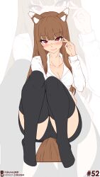1girl absurdres animal_ear_fluff animal_ears black_panties black_skirt black_thighhighs blunt_bangs blush breasts brown_hair cameltoe cleavage closed_mouth collarbone collared_shirt eyebrows_hidden_by_hair fang highres holo likunea lipstick long_hair looking_at_viewer makeup office_lady panties pantyshot pencil_skirt pink_lips red_eyes shirt sitting skirt small_breasts solo spice_and_wolf tail thighhighs thighs underwear unfinished very_long_hair white_background white_shirt wolf_ears wolf_girl wolf_tail