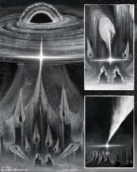 artist_name black_hole commentary dipsy divine_entity english_commentary extra_arms extra_hands gift glowing greyscale highres hole hole_on_body horns instagram_logo instagram_username jr_(jarsarts) laa-laa monochrome moon_(symbol) moonbaby mother_void po_(teletubby) sun_symbol sunbaby teletubbies tinky_winky