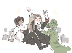 Rule 34 | 1girl, 2boys, :d, alcohol, beer, black jacket, black pants, black shoes, blush, brown hair, closed eyes, coat, collared shirt, dark-skinned male, dark skin, drink, drunk, full body, green coat, green hair, hair bun, heathcliff (project moon), highres, jacket, kojocho05, library of ruina, limbus company, long hair, long sleeves, looking at another, multiple boys, necktie, netzach (project moon), open mouth, pants, project moon, red necktie, rodion (project moon), scar, sharp teeth, shirt, shoes, short hair, simple background, sitting, smile, teeth, white background, white shirt