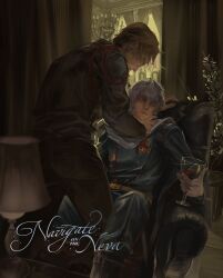 2boys ahoge alcohol america_(hetalia) axis_powers_hetalia belt black-framed_eyewear black_boots blonde_hair boots brown_jacket brown_pants buttons chandelier closed_mouth cup curtains drinking_glass english_text floor glasses green_jacket green_pants grey_hair highres holding holding_cup indoors jacket jar lamp long_sleeves looking_afar looking_at_another looking_down male_focus medal military_jacket military_uniform multiple_boys neck_grab on_chair pants plant purple_eyes russia_(hetalia) scarf semi-rimless_eyewear short_hair sitting standing star_ornament white_scarf window wine yellow_belt