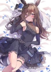 1girl absurdres animal_ears black_dress black_gloves blue_flower blue_rose blush breasts bridal_veil bride brown_hair closed_mouth cosplay curren_chan_(sakutsuki_ma_cherie)_(umamusume) curren_chan_(umamusume) curren_chan_(umamusume)_(cosplay) dress ear_covers elbow_gloves flower gloves hair_between_eyes highres horse_ears horse_girl long_hair mola_mola purple_eyes rice_shower_(umamusume) rose single_ear_cover small_breasts solo thigh_strap umamusume veil wedding_dress