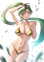 1girl :d absurdres arerex arm_up armpits bare_arms bikini blurry breasts cleavage cowboy_shot debris depth_of_field fire_emblem fire_emblem:_the_blazing_blade floating_hair gluteal_fold gold_bikini green_eyes hand_up high_ponytail highres large_breasts long_hair looking_at_viewer lyn_(fire_emblem) navel nintendo open_mouth ponytail simple_background smile solo stomach swimsuit thigh_gap thighs underboob very_long_hair white_background