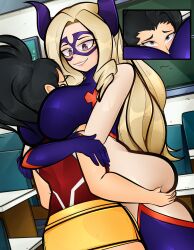 2girls absurdres arkeus_165 blonde_hair blush bodysuit boku_no_hero_academia breast_smother breasts eye_mask face_to_breasts female_focus grabbing_another&#039;s_ass groping height_difference highres horns hug large_breasts long_hair looking_at_another mount_lady multiple_girls ponytail purple_eyes yaoyorozu_momo yuri