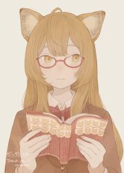 1girl absurdres animal_ears blazer blunt_bangs book borrowed_character bow bowtie brown_hair brown_jacket closed_mouth collared_shirt commission cowlick double-parted_bangs fukaba_mika glasses hands_up highres holding holding_book jacket light_smile long_hair long_sleeves looking_to_the_side open_book original pale_color red-framed_eyewear red_bow red_bowtie second-party_source shirt sidelocks sideways simple_background skeb_commission solo straight-on straight_hair thank_you two-handed upper_body white_shirt wing_collar yellow_background yellow_eyes