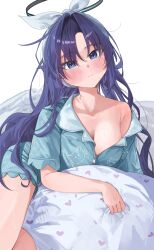 Rule 34 | 1girl, absurdres, animal print, black halo, blue archive, blue eyes, blue hair, blue pajamas, blue shirt, blue shorts, blush, bow, breasts, cat print, cleavage, collarbone, commentary, freshbeef, hair bow, hair intakes, hairband, halo, heart, heart print, highres, long hair, looking at viewer, mechanical halo, medium breasts, nightshirt, no bra, official alternate costume, official alternate hairstyle, pajamas, pillow, print pajamas, print pillow, shirt, shorts, simple background, single bare shoulder, single off shoulder, solo, white background, white bow, white hairband, yuuka (blue archive), yuuka (pajamas) (blue archive)