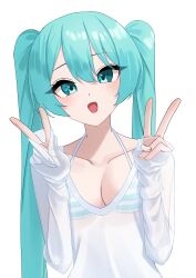 1girl absurdres amaama_(beccyonaika1) aqua_eyes aqua_hair bikini blush breasts cleavage collarbone double_v hatsune_miku highres long_hair long_sleeves looking_at_viewer medium_breasts open_mouth see-through_clothes see-through_shirt shirt simple_background smile solo striped_bikini striped_clothes swimsuit twintails v very_long_hair vocaloid white_background