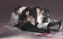 2boys 69 alternate_hairstyle ass bare_shoulders black_boots black_hair black_hanfu boots chinese_clothes closed_eyes clothes_pull faux_traditional_media fellatio grey_pants hair_down hand_on_another&#039;s_chest hanfu headband kcllzas163 lan_wangji licking licking_penis light_particles long_hair long_sleeves lying lying_on_person male_focus modao_zushi multiple_boys off_shoulder on_back open_clothes open_robe oral pants pants_pull partially_undressed penis red_ribbon red_sash ribbon robe robe_partially_removed sash thighs third-party_source topless_male watercolor_effect watermark web_address wei_wuxian weibo_watermark white_hanfu white_headband wide_sleeves yaoi