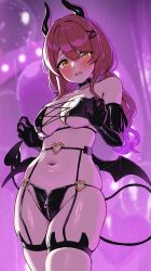 1girl absurdres bare_shoulders black_choker black_gloves black_horns black_panties black_tail black_tube_top black_wings blush breasts choker commentary_request demon_girl demon_horns demon_tail elbow_gloves embarrassed gloves hair_ornament heart heart_o-ring highres horns idolmaster idolmaster_shiny_colors looking_at_viewer low_twintails low_wings medium_breasts navel o-ring open_mouth osaki_tenka panties red_hair skindentation solo stomach strapless tail thighs tube_top twintails underwear wanimaru wings x_hair_ornament yellow_eyes
