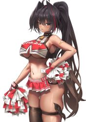 1girl absurdres bandaid bandaid_on_arm bay_(nikke) black_hair black_thighhighs breasts brown_eyes commentary crop_top dark-skinned_female dark_skin goddess_of_victory:_nikke hair_between_eyes hair_intakes highleg highleg_panties highres holding holding_pom_poms large_breasts looking_at_viewer microskirt mikelee0614 mole mole_on_breast mole_on_stomach mole_under_mouth multicolored_hair navel panties pleated_skirt pom_pom_(cheerleading) pom_poms red_streaks side-tie_panties skirt solo streaked_hair thighhighs thong underwear white_panties